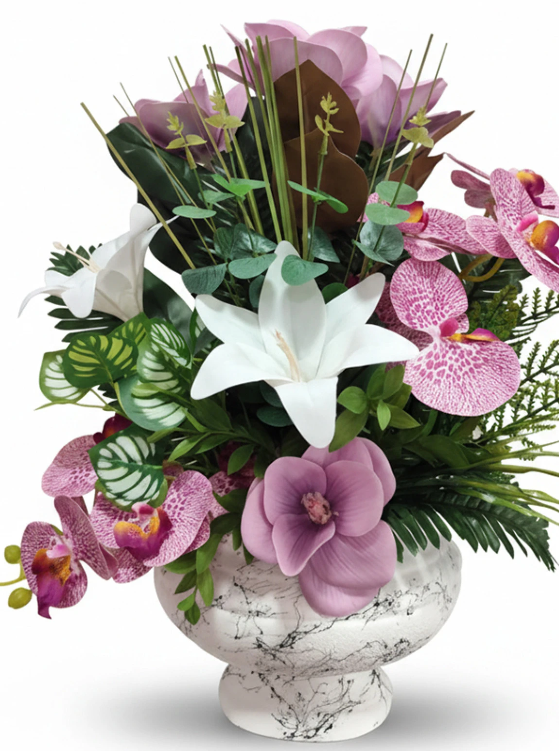 Mermer Desenli Saksıda Orkide & Lilyum Yapay Çiçek Aranjmanı – Şık Dekoratif Çiçek