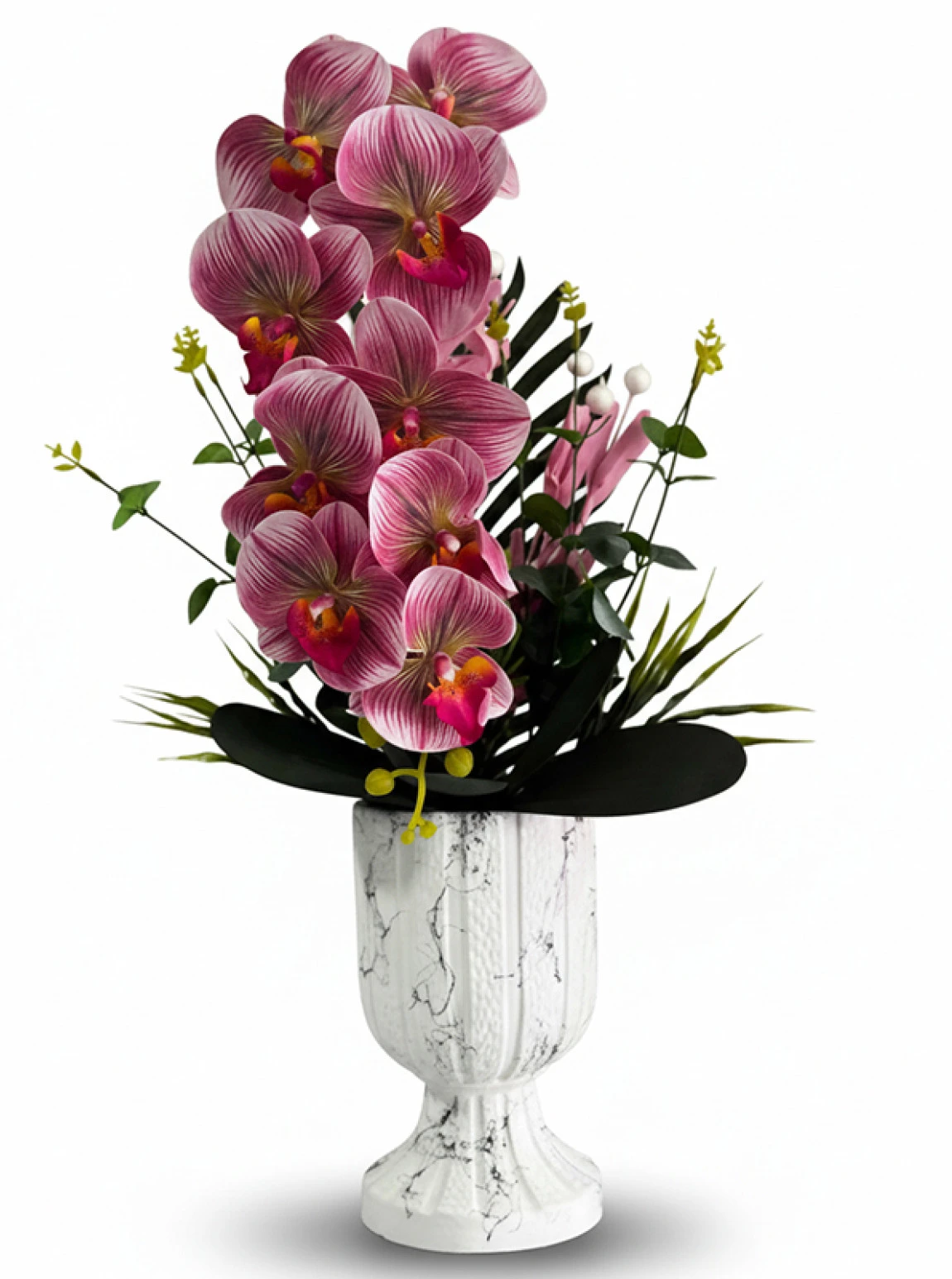 Pembe Orkide Yapay Aranjman – Mermer Desenli Saksıda Şık Dekor