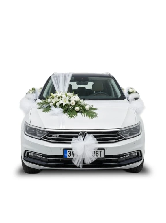 Beyaz Gelin Arabası Süsleme Seti – Zarif Kaput Ve Kapı Çiçekleri